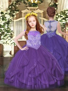 Beauteous Purple Tulle Zipper Kids Formal Wear Sleeveless Floor Length Beading and Ruffles