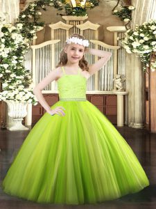 Perfect Yellow Green Zipper Straps Beading and Lace Pageant Dress Tulle Sleeveless