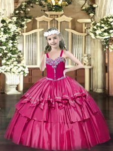 Floor Length Hot Pink Pageant Gowns For Girls Organza Sleeveless Beading and Ruffled Layers