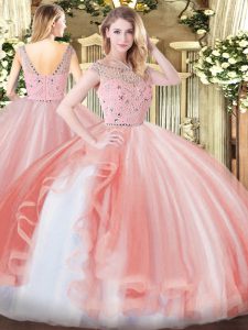 Artistic Bateau Sleeveless Ball Gown Prom Dress Floor Length Beading and Ruffles Peach Tulle