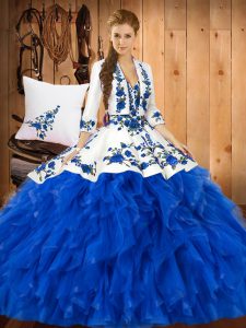 Blue Ball Gowns Ruffles Vestidos de Quinceanera Lace Up Satin and Organza Sleeveless Floor Length