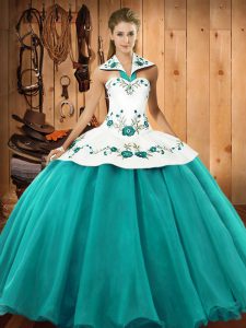 Turquoise Ball Gowns Embroidery Quince Ball Gowns Lace Up Satin and Tulle Sleeveless Floor Length