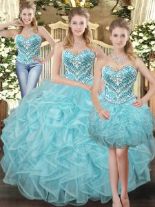 Aqua Blue Quince Ball Gowns Military Ball and Sweet 16 and Quinceanera with Beading and Ruffles Sweetheart Sleeveless Lace Up