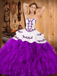 Most Popular Floor Length Lace Up 15th Birthday Dress Eggplant Purple for Military Ball and Sweet 16 and Quinceanera with Embroidery and Ruffles