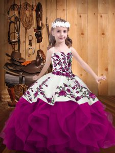 Top Selling Fuchsia Lace Up Little Girls Pageant Gowns Embroidery and Ruffles Sleeveless Floor Length
