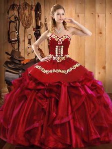 Wine Red Satin and Organza Lace Up Vestidos de Quinceanera Sleeveless Floor Length Embroidery and Ruffles