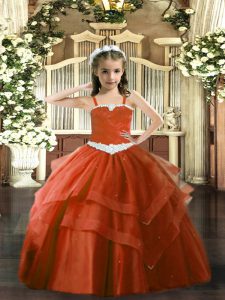 Beauteous Rust Red Ball Gowns Appliques and Ruffled Layers Little Girl Pageant Gowns Lace Up Tulle Sleeveless Floor Length