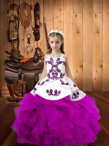 Straps Sleeveless Pageant Gowns For Girls Floor Length Embroidery and Ruffles Fuchsia Organza