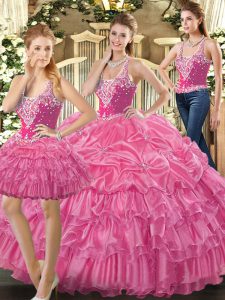 Hot Pink Lace Up Straps Beading and Ruffles and Pick Ups Ball Gown Prom Dress Tulle Sleeveless