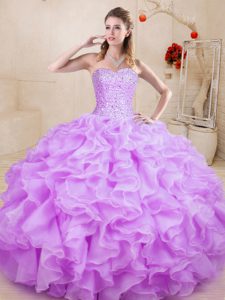 Traditional Lilac Ball Gowns Sweetheart Sleeveless Organza Floor Length Lace Up Beading and Ruffles Sweet 16 Dresses