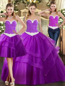 Purple Sleeveless Organza Lace Up Quinceanera Gown for Military Ball and Sweet 16 and Quinceanera