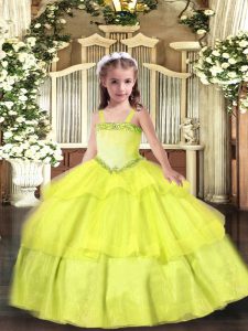 Perfect Straps Sleeveless Child Pageant Dress Floor Length Appliques and Ruffled Layers Yellow Organza