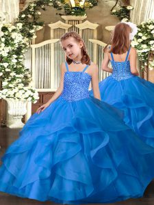 High Class Ball Gowns Kids Formal Wear Blue Straps Organza Sleeveless Floor Length Lace Up