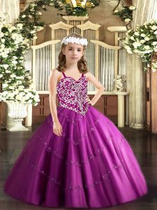 Fuchsia Tulle Lace Up Pageant Dresses Sleeveless Floor Length Beading and Appliques