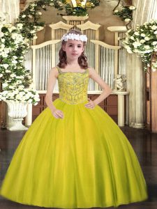 Affordable Straps Sleeveless Little Girls Pageant Dress Floor Length Beading Yellow Green Tulle