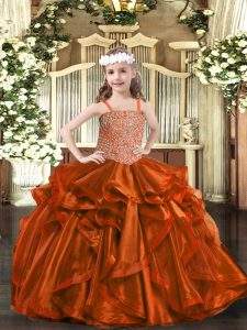 Straps Sleeveless Little Girl Pageant Dress Floor Length Beading and Embroidery and Ruffles Rust Red Organza