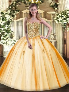 Beading Quince Ball Gowns Gold Lace Up Sleeveless Floor Length