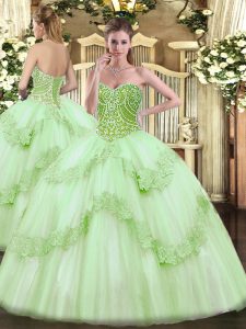 Dynamic Floor Length Apple Green 15th Birthday Dress Tulle Sleeveless Beading and Appliques