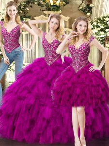 Smart Fuchsia Sleeveless Floor Length Beading and Ruffles Lace Up Ball Gown Prom Dress