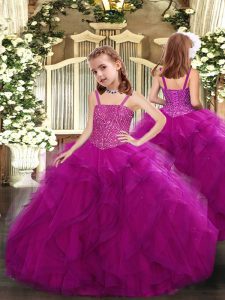 Excellent Fuchsia Lace Up Straps Beading and Ruffles Little Girls Pageant Dress Tulle Sleeveless