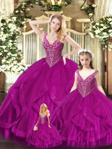Floor Length Fuchsia Sweet 16 Quinceanera Dress Straps Sleeveless Lace Up