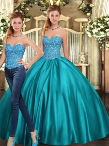 Delicate Floor Length Two Pieces Sleeveless Teal Ball Gown Prom Dress Lace Up