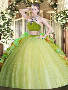Traditional Olive Green Tulle Backless Sweet 16 Dresses Sleeveless Floor Length Beading and Ruffles