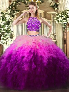 Floor Length Zipper 15 Quinceanera Dress Multi-color for Military Ball and Sweet 16 and Quinceanera with Beading and Ruffles
