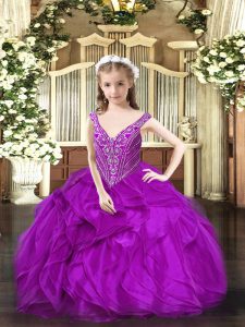 Floor Length Purple Little Girl Pageant Dress V-neck Sleeveless Lace Up