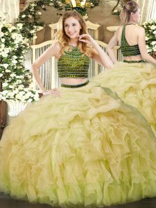 Elegant Yellow Green Organza Zipper Halter Top Sleeveless Floor Length Quinceanera Gown Beading and Ruffles