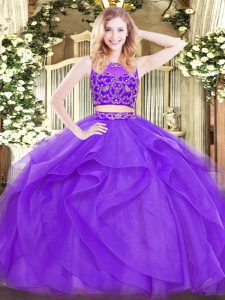 Clearance Lavender Vestidos de Quinceanera Military Ball and Sweet 16 and Quinceanera with Beading and Ruffles Scoop Sleeveless Zipper