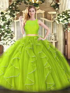 Yellow Green Organza Zipper Scoop Sleeveless Floor Length Sweet 16 Quinceanera Dress Lace and Ruffles