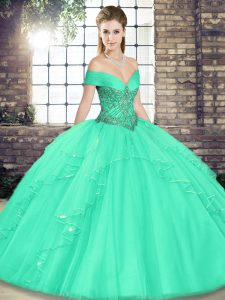 Tulle Off The Shoulder Sleeveless Lace Up Beading and Ruffles Quinceanera Gown in Apple Green
