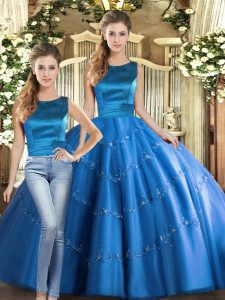 Amazing Blue Two Pieces Scoop Sleeveless Tulle Floor Length Lace Up Appliques Ball Gown Prom Dress