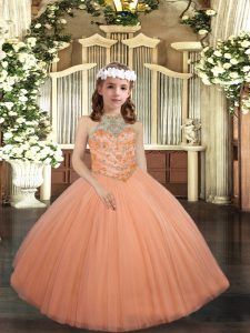 Affordable Halter Top Sleeveless Lace Up Pageant Gowns For Girls Peach Tulle