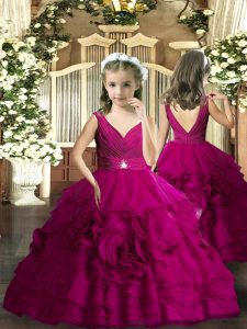 Floor Length Backless Little Girls Pageant Dress Wholesale Fuchsia for Party and Sweet 16 and Wedding Party with Beading