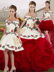 Admirable White And Red Tulle Lace Up Off The Shoulder Sleeveless Floor Length Vestidos de Quinceanera Embroidery and Ruffles