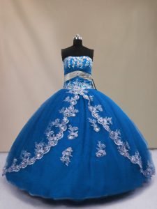 Blue Ball Gowns Appliques Sweet 16 Quinceanera Dress Lace Up Tulle Sleeveless Floor Length