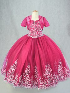 Top Selling Floor Length Hot Pink Kids Formal Wear Spaghetti Straps Sleeveless Lace Up