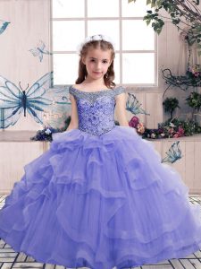 Latest Lavender Scoop Neckline Beading Pageant Gowns For Girls Sleeveless Lace Up
