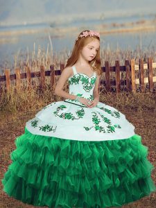 Turquoise Ball Gowns Straps Sleeveless Organza Floor Length Lace Up Embroidery and Ruffled Layers Kids Pageant Dress