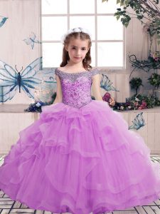 Lilac Lace Up Kids Pageant Dress Beading Sleeveless Floor Length