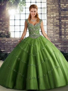 Dramatic Green Straps Lace Up Beading and Appliques Quinceanera Dresses Sleeveless