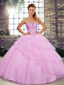 Custom Design Ball Gowns Sleeveless Lilac 15th Birthday Dress Brush Train Lace Up