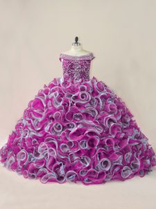 Multi-color Ball Gowns Organza Off The Shoulder Sleeveless Beading and Ruffles Lace Up Quinceanera Gown Brush Train