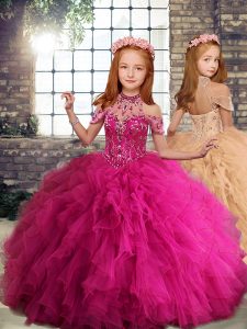 Beading and Ruffles Little Girls Pageant Dress Fuchsia Lace Up Sleeveless Floor Length