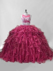 Wine Red Ball Gown Prom Dress Sweet 16 and Quinceanera with Beading and Ruffles Scoop Sleeveless Brush Train Zipper