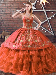 Sweet Sweetheart Sleeveless Satin and Organza 15 Quinceanera Dress Embroidery and Ruffled Layers Lace Up