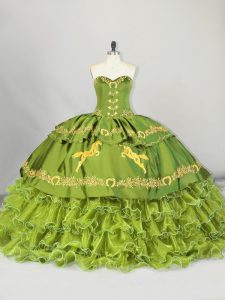 Decent Sweetheart Sleeveless Brush Train Lace Up Quinceanera Gown Olive Green Satin and Organza