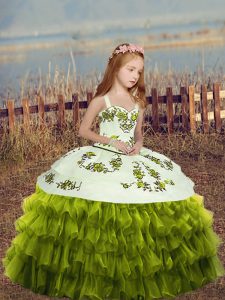 Enchanting Floor Length Green Glitz Pageant Dress Organza Sleeveless Embroidery and Ruffled Layers